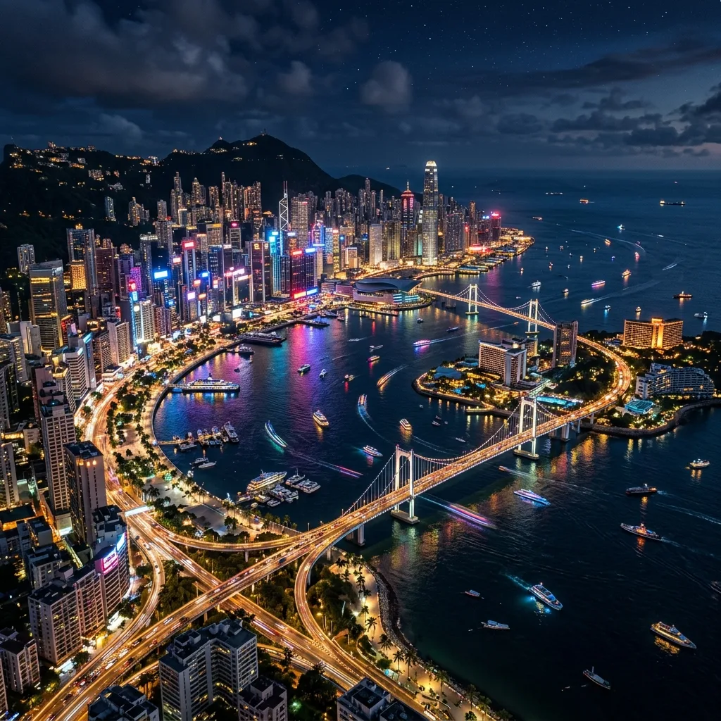 Wide night view of a neon tropical city beside the water